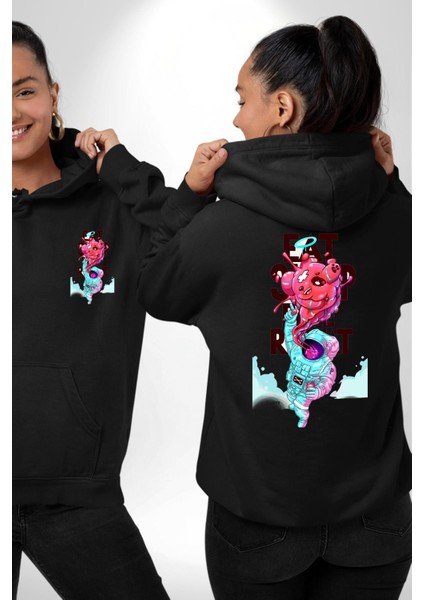 Space Party Astronaut Absürt Neon Renkli Uzay Erkek Kadın Siyah Ön Sırt Baskılı Kapüşonlu Sweatshirt Hoodie
