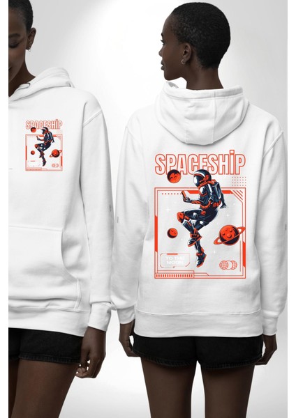 Astronot Gezegen Uzay Aracı Erkek Kadın Beyaz Ön Sırt Baskılı Kapüşonlu Sweatshirt Hoodie