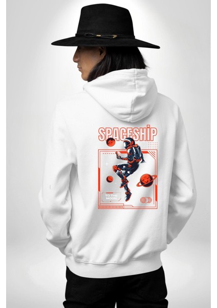 Astronot Gezegen Uzay Aracı Erkek Kadın Beyaz Ön Sırt Baskılı Kapüşonlu Sweatshirt Hoodie indirimleri