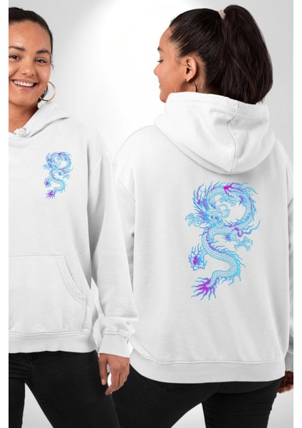 Çin Sitili Ejderha Bereket Tanrısı Erkek Kadın Beyaz Ön Sırt Baskılı Kapüşonlu Sweatshirt Hoodie