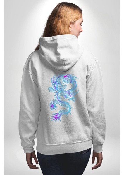 Çin Sitili Ejderha Bereket Tanrısı Erkek Kadın Beyaz Ön Sırt Baskılı Kapüşonlu Sweatshirt Hoodie fiyatları