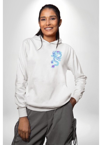 Çin Sitili Ejderha Bereket Tanrısı Erkek Kadın Beyaz Ön Sırt Baskılı Kapüşonlu Sweatshirt Hoodie modelleri
