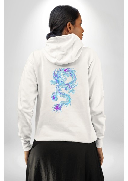 Çin Sitili Ejderha Bereket Tanrısı Erkek Kadın Beyaz Ön Sırt Baskılı Kapüşonlu Sweatshirt Hoodie fırsatları