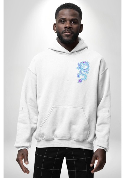 Çin Sitili Ejderha Bereket Tanrısı Erkek Kadın Beyaz Ön Sırt Baskılı Kapüşonlu Sweatshirt Hoodie indirimleri
