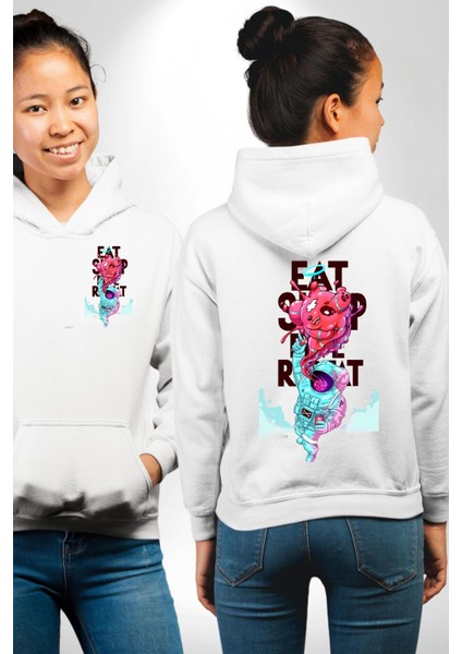 Space Party Astronaut Absürt Neon Renkli Uzay Erkek Kadın Beyaz Ön Sırt Baskılı Kapüşonlu Sweatshirt Hoodie