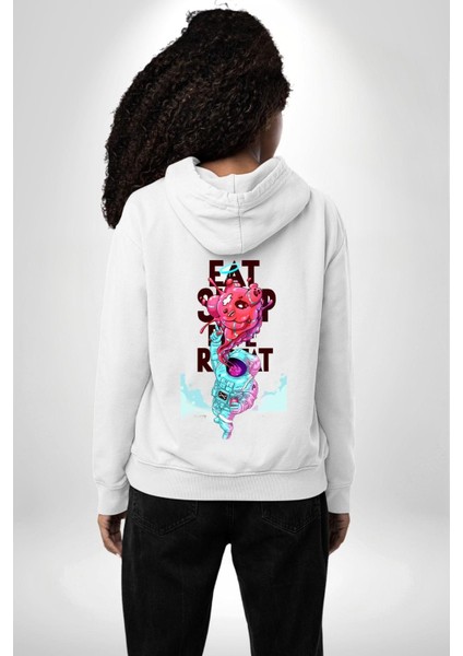 Space Party Astronaut Absürt Neon Renkli Uzay Erkek Kadın Beyaz Ön Sırt Baskılı Kapüşonlu Sweatshirt Hoodie fırsatları