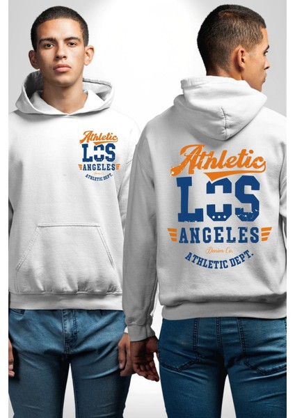 Atletic Los Angeles Erkek Kadın Beyaz Ön Sırt Baskılı Kapüşonlu Sweatshirt Hoodie