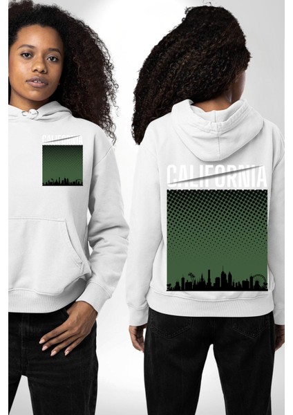 California Erkek Kadın Beyaz Ön Sırt Baskılı Kapüşonlu Sweatshirt Hoodie