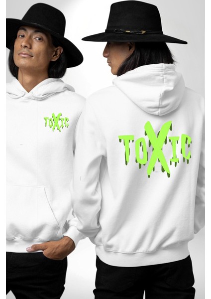 Sokak Sitili Atık Toxic Erkek Kadın Beyaz Ön Sırt Baskılı Kapüşonlu Sweatshirt Hoodie