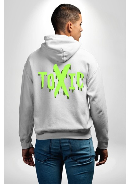 Sokak Sitili Atık Toxic Erkek Kadın Beyaz Ön Sırt Baskılı Kapüşonlu Sweatshirt Hoodie indirimleri