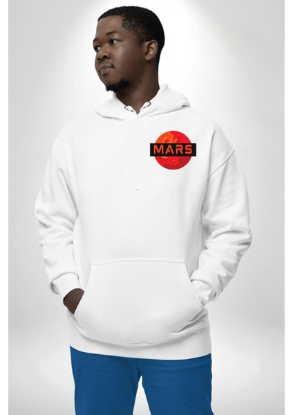 Mars Gezegen Erkek Kadın Beyaz Ön Sırt Baskılı Kapüşonlu Sweatshirt Hoodie