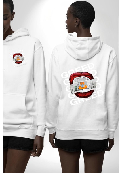 Dudak Dolar Açgözlülük Simgesi Erkek Kadın Beyaz Ön Sırt Baskılı Kapüşonlu Sweatshirt Hoodie