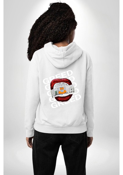 Dudak Dolar Açgözlülük Simgesi Erkek Kadın Beyaz Ön Sırt Baskılı Kapüşonlu Sweatshirt Hoodie fırsatları