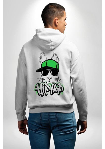 Paskalya Tavşanı Hip Hop Yeşil Şapka Erkek Kadın Beyaz Ön Sırt Baskılı Kapüşonlu Sweatshirt Hoodie modelleri