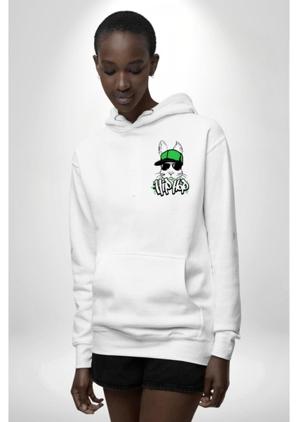 Paskalya Tavşanı Hip Hop Yeşil Şapka Erkek Kadın Beyaz Ön Sırt Baskılı Kapüşonlu Sweatshirt Hoodie fırsatları