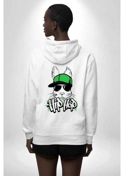 Paskalya Tavşanı Hip Hop Yeşil Şapka Erkek Kadın Beyaz Ön Sırt Baskılı Kapüşonlu Sweatshirt Hoodie indirimleri