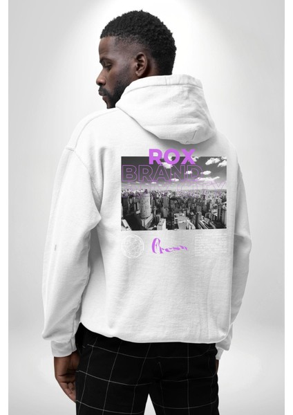Rox Markası Şehir Tasarımı Erkek Kadın Beyaz Ön Sırt Baskılı Kapüşonlu Sweatshirt Hoodie modelleri