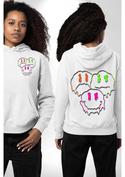Neon Kafatası Gülen Somurtgan Eriyen Emoji Erkek Kadın Beyaz Ön Sırt Baskılı Kapüşonlu Sweatshirt Hoodie