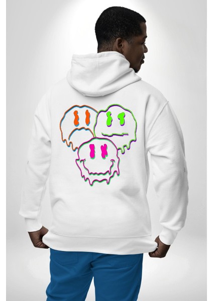 Neon Kafatası Gülen Somurtgan Eriyen Emoji Erkek Kadın Beyaz Ön Sırt Baskılı Kapüşonlu Sweatshirt Hoodie fiyatları