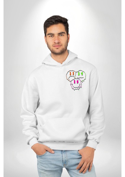Neon Kafatası Gülen Somurtgan Eriyen Emoji Erkek Kadın Beyaz Ön Sırt Baskılı Kapüşonlu Sweatshirt Hoodie fırsatları