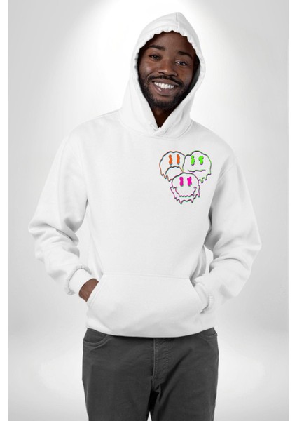 Neon Kafatası Gülen Somurtgan Eriyen Emoji Erkek Kadın Beyaz Ön Sırt Baskılı Kapüşonlu Sweatshirt Hoodie indirimleri