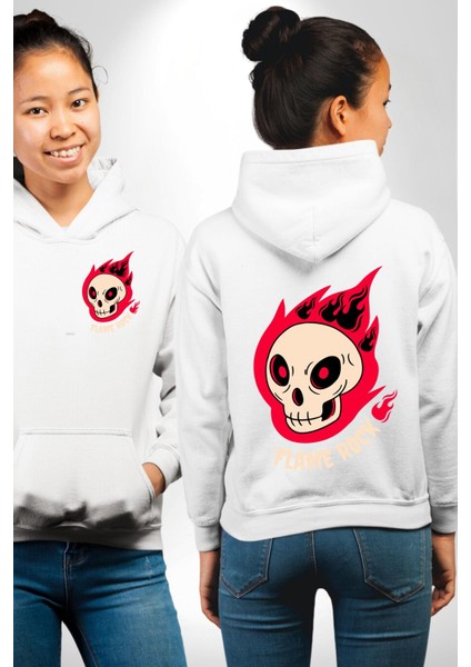 Kırmızı Ateş Kurukafa Rock Erkek Kadın Beyaz Ön Sırt Baskılı Kapüşonlu Sweatshirt Hoodie