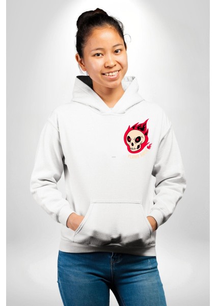 Kırmızı Ateş Kurukafa Rock Erkek Kadın Beyaz Ön Sırt Baskılı Kapüşonlu Sweatshirt Hoodie fiyatları