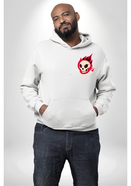 Kırmızı Ateş Kurukafa Rock Erkek Kadın Beyaz Ön Sırt Baskılı Kapüşonlu Sweatshirt Hoodie modelleri
