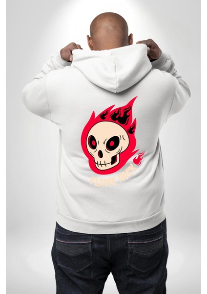 Kırmızı Ateş Kurukafa Rock Erkek Kadın Beyaz Ön Sırt Baskılı Kapüşonlu Sweatshirt Hoodie fırsatları
