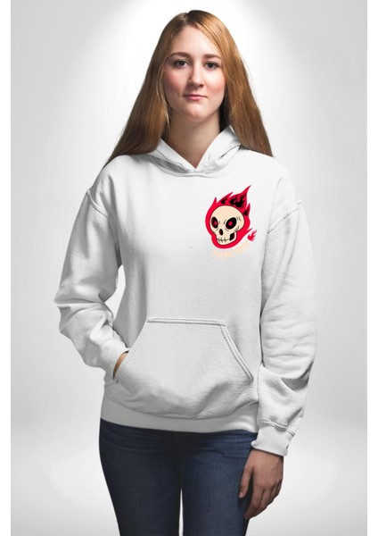 Kırmızı Ateş Kurukafa Rock Erkek Kadın Beyaz Ön Sırt Baskılı Kapüşonlu Sweatshirt Hoodie indirimleri