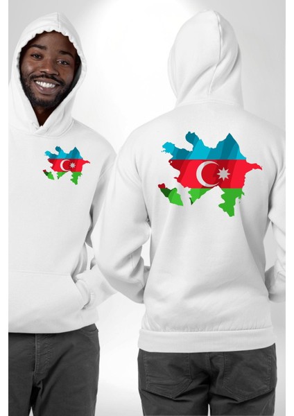 Azerbaycan Haritası Bayrak Tasarımı Erkek Kadın Beyaz Ön Sırt Baskılı Kapüşonlu Sweatshirt Hoodie