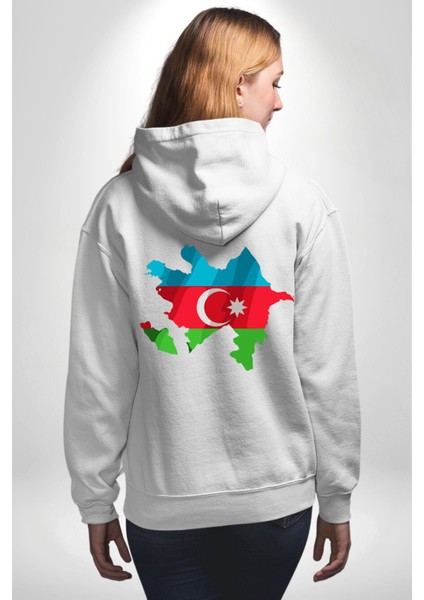 Azerbaycan Haritası Bayrak Tasarımı Erkek Kadın Beyaz Ön Sırt Baskılı Kapüşonlu Sweatshirt Hoodie fiyatları