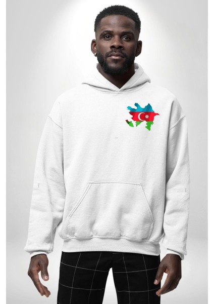 Azerbaycan Haritası Bayrak Tasarımı Erkek Kadın Beyaz Ön Sırt Baskılı Kapüşonlu Sweatshirt Hoodie indirimleri