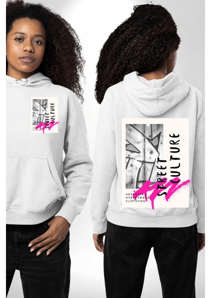 Sokak Kültürü Erkek Kadın Beyaz Ön Sırt Baskılı Kapüşonlu Sweatshirt Hoodie