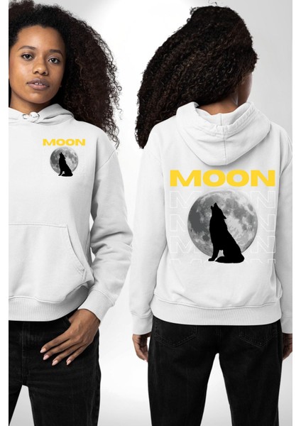 Ay Dolunay Uluyan Kurt Erkek Kadın Beyaz Ön Sırt Baskılı Kapüşonlu Sweatshirt Hoodie