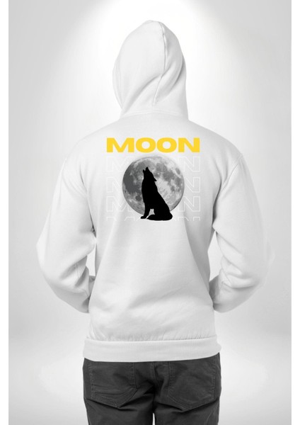 Ay Dolunay Uluyan Kurt Erkek Kadın Beyaz Ön Sırt Baskılı Kapüşonlu Sweatshirt Hoodie fırsatları