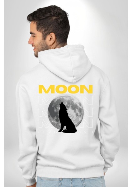 Ay Dolunay Uluyan Kurt Erkek Kadın Beyaz Ön Sırt Baskılı Kapüşonlu Sweatshirt Hoodie indirimleri