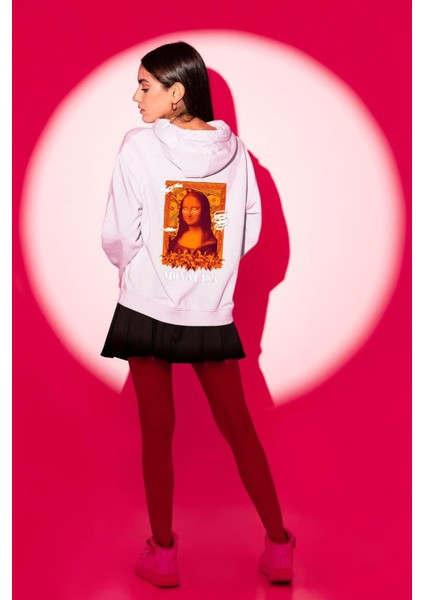 Yeni Nesil Monalisa Erkek Kadın Beyaz Ön Sırt Baskılı Kapüşonlu Sweatshirt Hoodie modelleri