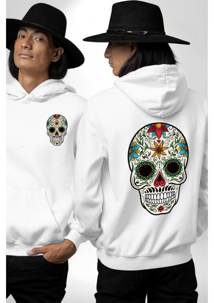 Dia De Los Muertos Erkek Kadın Beyaz Ön Sırt Baskılı Kapüşonlu Sweatshirt Hoodie