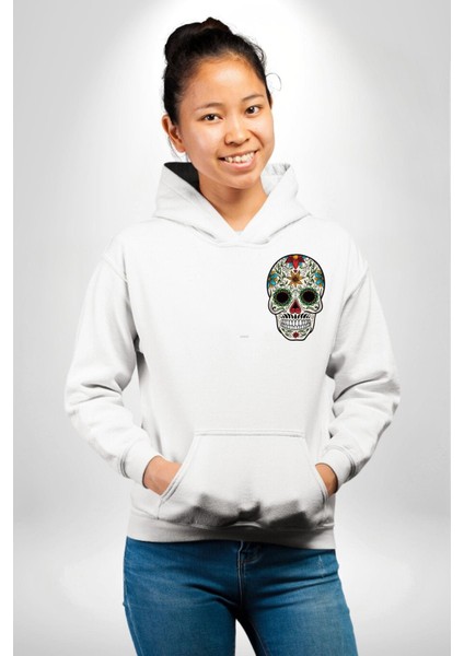 Dia De Los Muertos Erkek Kadın Beyaz Ön Sırt Baskılı Kapüşonlu Sweatshirt Hoodie fırsatları