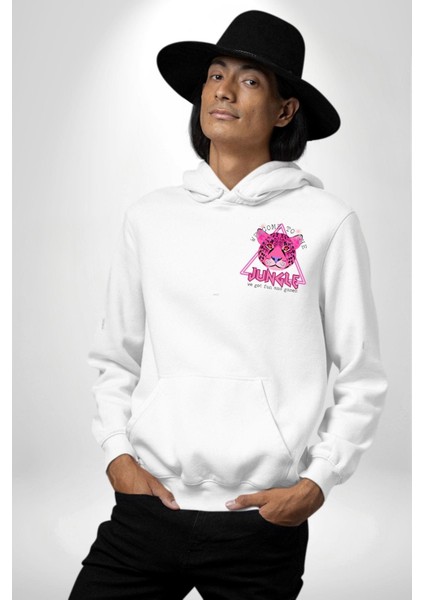 Neon Jungle Leopar Tasarım Erkek Kadın Beyaz Ön Sırt Baskılı Kapüşonlu Sweatshirt Hoodie fiyatları