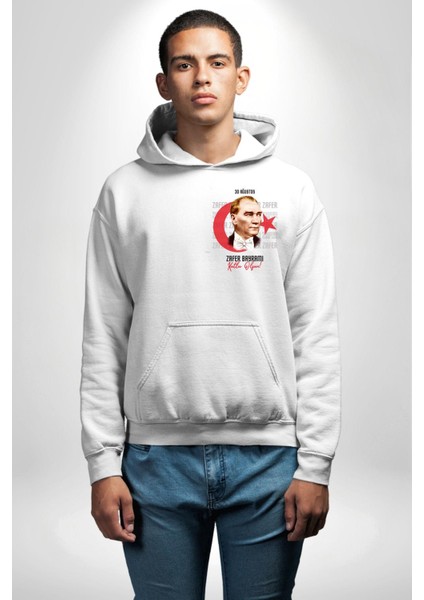 30 Ağustos Zafer Bayramı ve Atatürk Ay Yıldız Erkek Kadın Beyaz Ön Sırt Baskılı Kapüşonlu Sweatshirt Hoodie modelleri