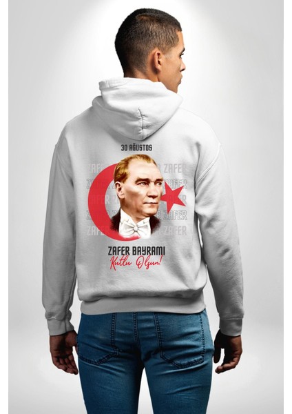 30 Ağustos Zafer Bayramı ve Atatürk Ay Yıldız Erkek Kadın Beyaz Ön Sırt Baskılı Kapüşonlu Sweatshirt Hoodie fırsatları