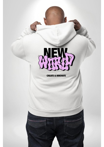 Sokak Style Yeni Dünya Yaratın Yenilik Yapın Erkek Kadın Beyaz Ön Sırt Baskılı Kapüşonlu Sweatshirt Hoodie fiyatları
