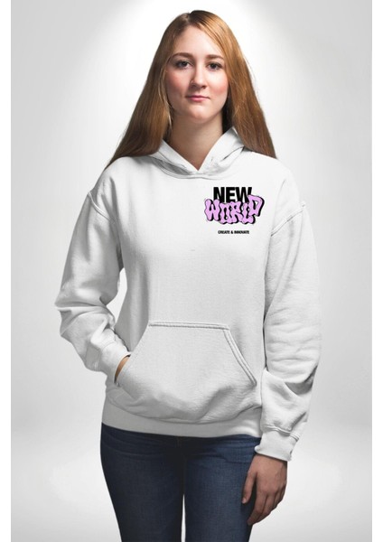 Sokak Style Yeni Dünya Yaratın Yenilik Yapın Erkek Kadın Beyaz Ön Sırt Baskılı Kapüşonlu Sweatshirt Hoodie modelleri