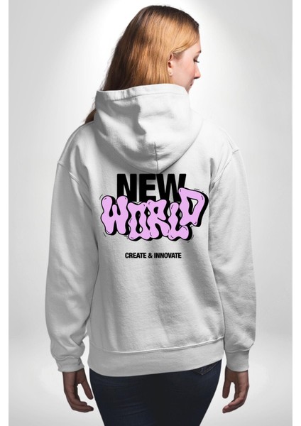 Sokak Style Yeni Dünya Yaratın Yenilik Yapın Erkek Kadın Beyaz Ön Sırt Baskılı Kapüşonlu Sweatshirt Hoodie fırsatları