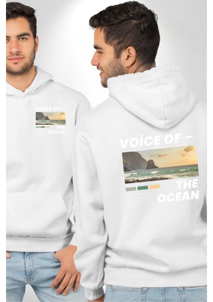 Okyanusun Sesi Erkek Kadın Beyaz Ön Sırt Baskılı Kapüşonlu Sweatshirt Hoodie