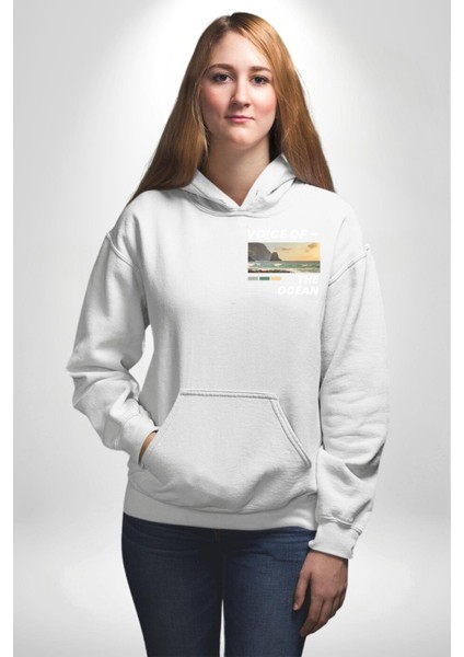 Okyanusun Sesi Erkek Kadın Beyaz Ön Sırt Baskılı Kapüşonlu Sweatshirt Hoodie indirimleri