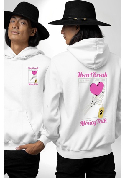 Kalp Kırıklığı Aşkın Ne Kadar?para Konuşalım? Erkek Kadın Beyaz Ön Sırt Baskılı Kapüşonlu Sweatshirt Hoodie