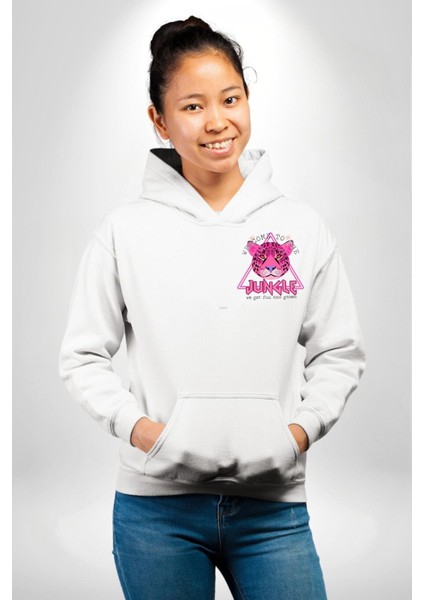 Neon Jungle Leopar Tasarım Erkek Kadın Beyaz Ön Sırt Baskılı Kapüşonlu Sweatshirt Hoodie fırsatları